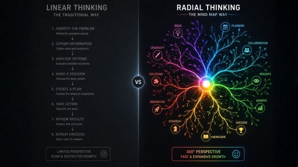 पारंपारिक अभ्यास पद्धत आणि माइंड मॅप(Mind Map) द्वारे होणारी रेडियल विचार पद्धत यातील तुलनात्मक आलेख.