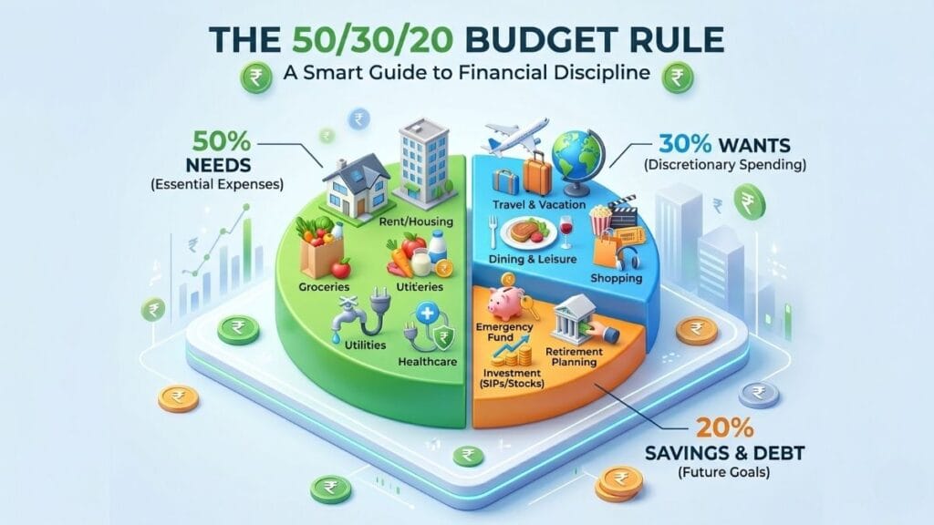 ५०/३०/२० नियम समजवून सांगणारा पाई चार्ट, पैसे वाचवण्यासाठी Money saving tips म्हणून उपयुक्त.