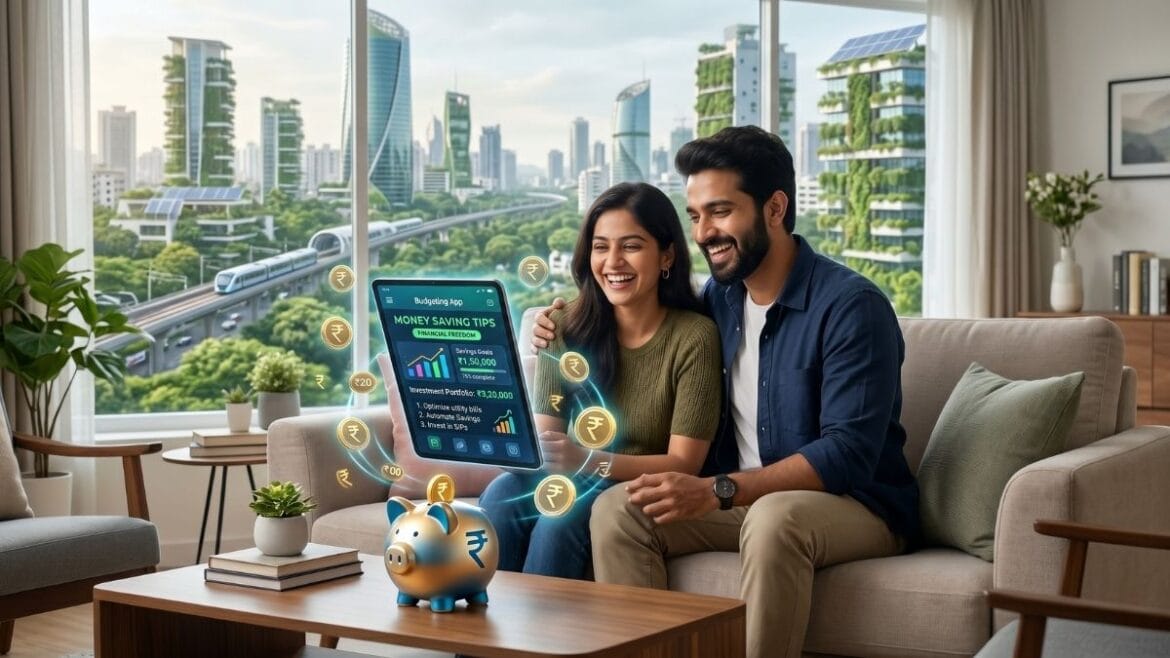 पैसे वाचवण्यासाठी Money saving tips वापरून आर्थिक स्वातंत्र्य मिळवणारे तरुण जोडपे.