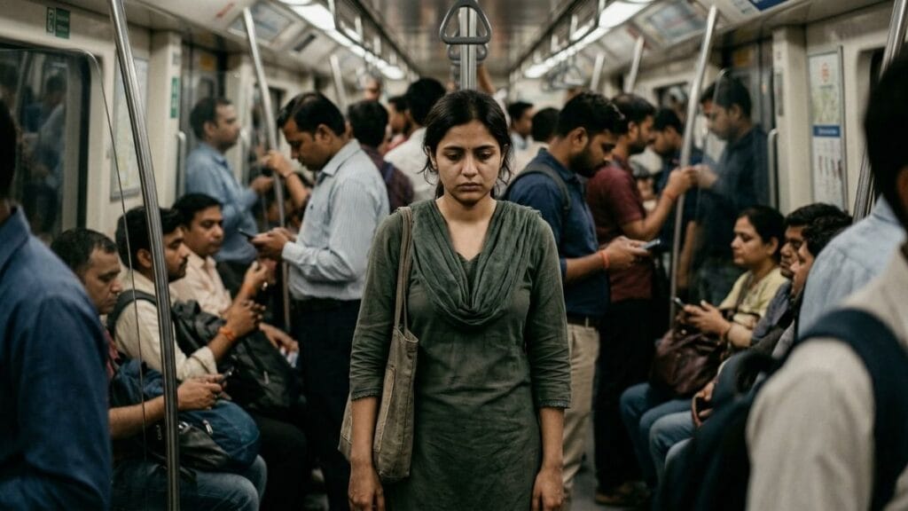 नैराश्य (Depression) लक्षणे दर्शवणारी, एकाकी आणि थकलेली भारतीय महिला.