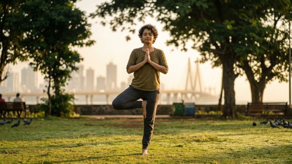 नैराश्य (Depression) लक्षणे आणि उपचार यासाठी घरगुती उपाय म्हणून योग आणि प्राणायाम करणारी व्यक्ती.