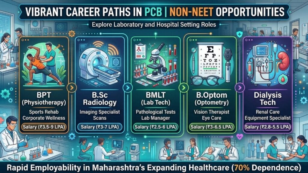 Infographic listing top high-salary PCB career options in allied health and paramedical sectors without NEET exam in India.