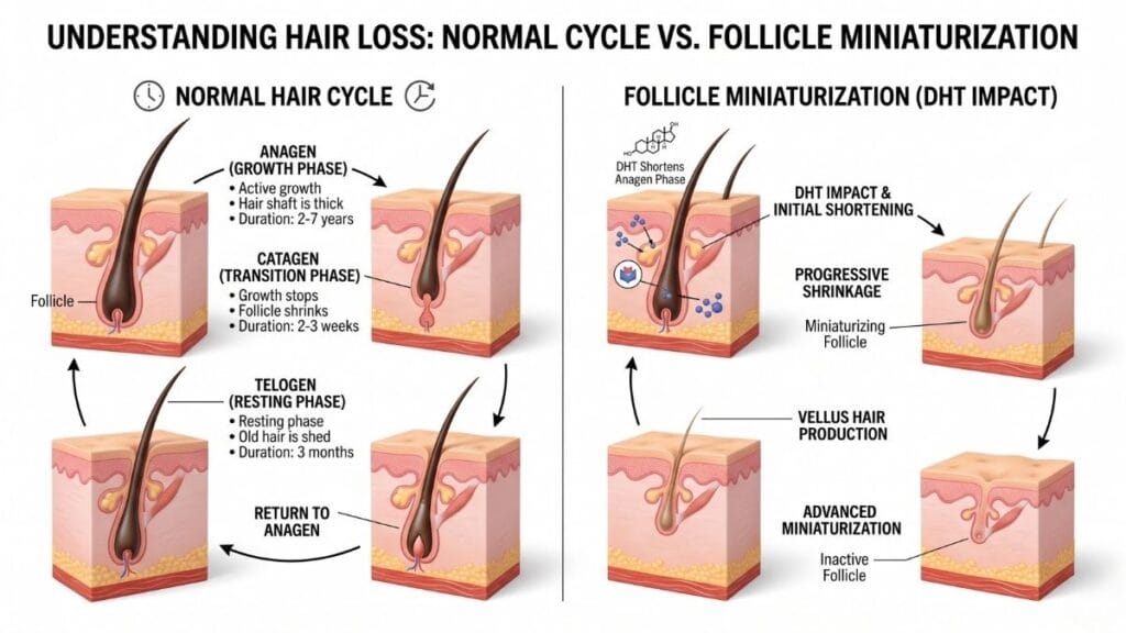 Medical infographic diagram showing normal hair growth cycle vs miniaturization of follicle, needing Case Study Case Study केस गळतीवर उपचार (Hair Loss Treatment).