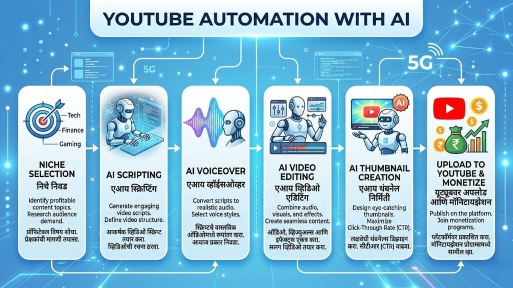 AI साधनांचा वापर करून यूट्यूब ऑटोमेशन वर्कफ्लो डायग्राम: Passive Income Ideas चे डिजिटल मार्केटिंग मॉडेल.