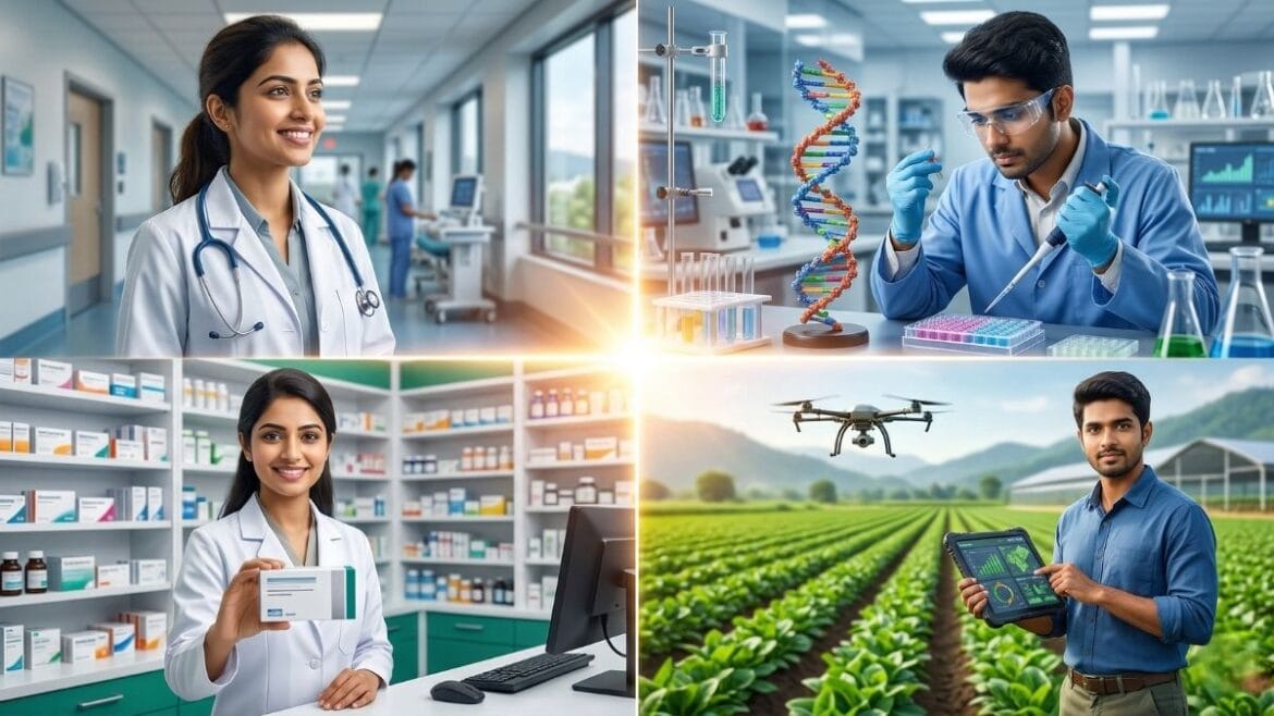 A high-quality featured image representing the diverse PCB career options in India like medicine, biotechnology, pharmacy, and agriculture for 12th science students.
