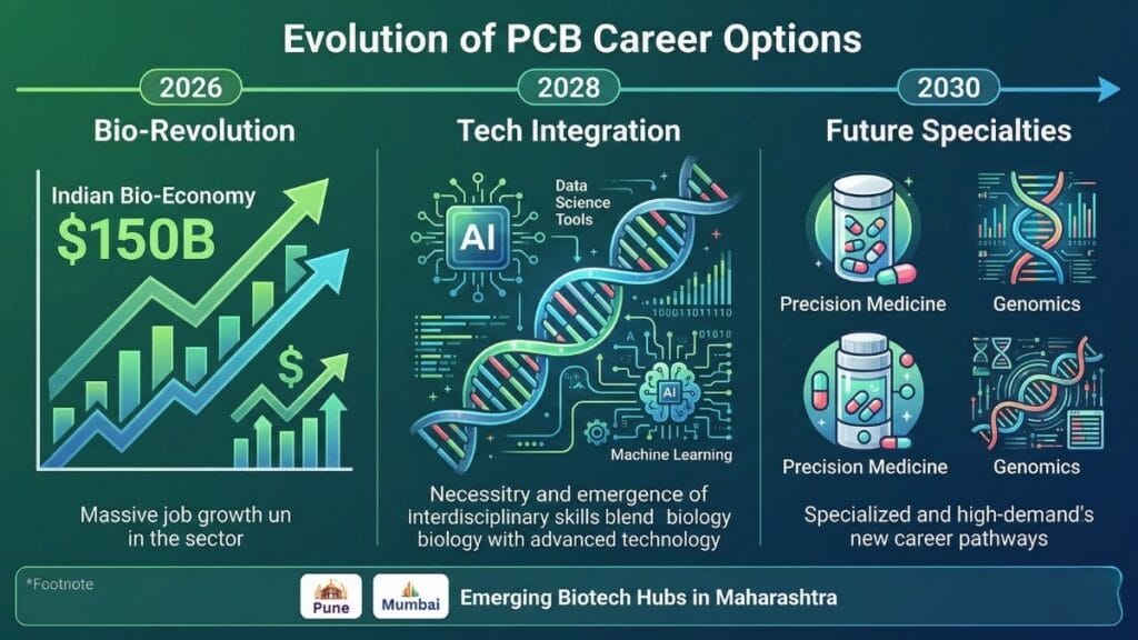Infographic showing the changing landscape of PCB career options from 2026 to 2030 in India, highlighting the Bio-Revolution and AI integration.