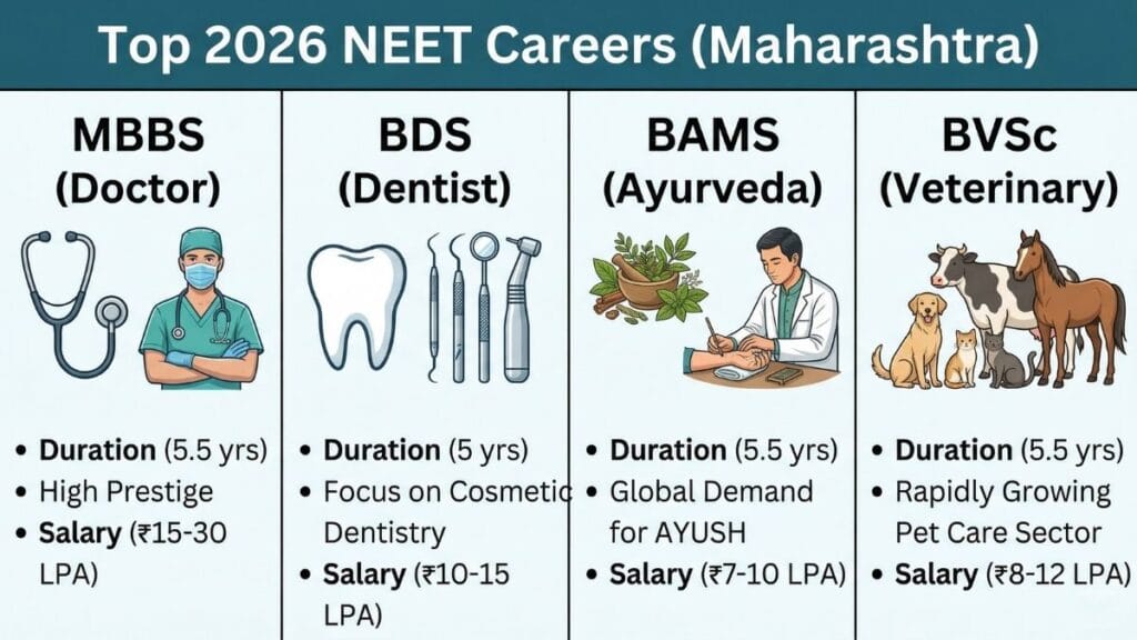 A comparison chart of NEET-based clinical PCB career options including MBBS, BDS, BAMS, and BVSc, with duration, fees, and salary details.