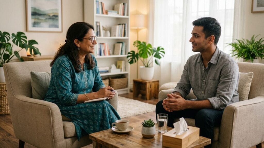 मानसोपचारतज्ज्ञांशी संवाद साधताना एक व्यक्ती; चिंता आणि अस्वस्थता (Anxiety) लक्षणे व उपाय यासाठी तज्ज्ञांची मदत घ्या.