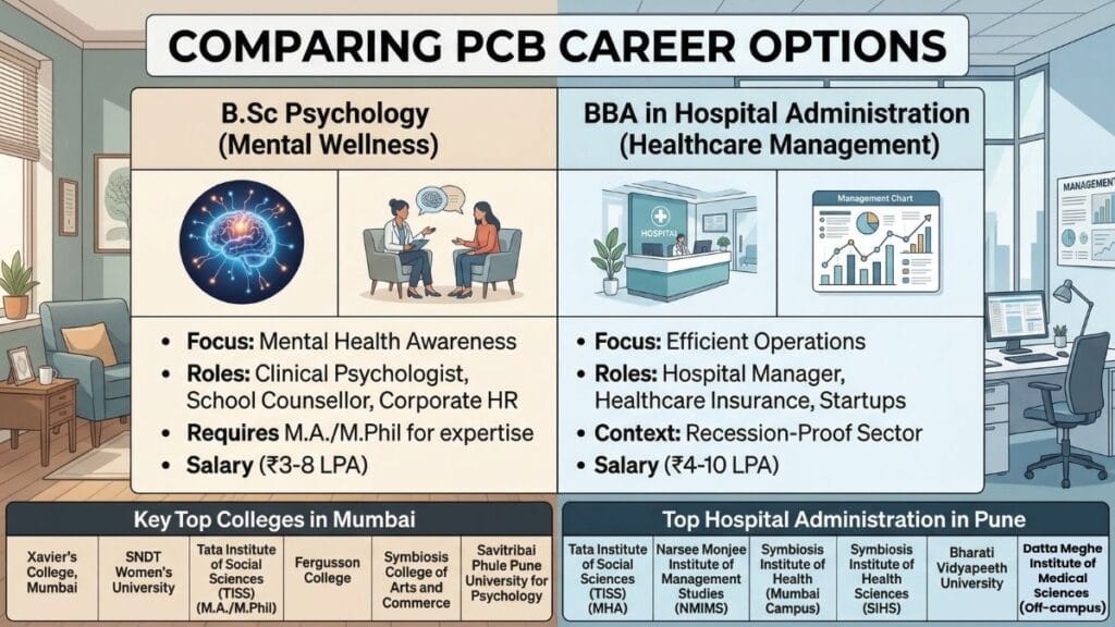 Comparison infographic of alternative non-clinical PCB career options in Psychology and Hospital Administration in India, including salary and key skills