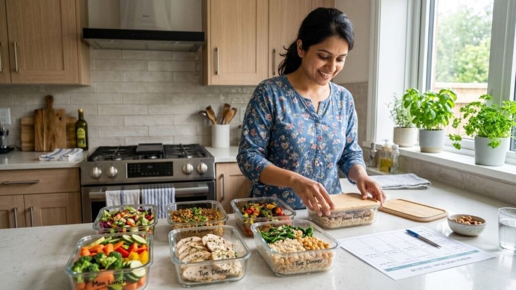 वजन कमी करण्यासाठी साप्ताहिक आहार तक्ता (Diet Chart for Weight Loss) पाळताना हेल्दी मील प्रेप (Meal Prep) करणारी व्यक्ती.