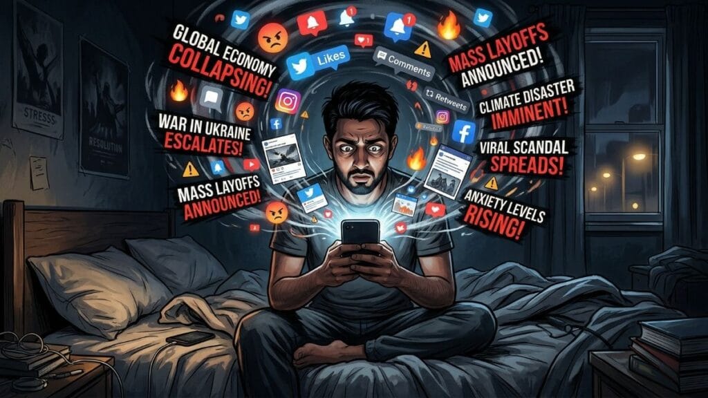 मोबाईलच्या अतिवापरामुळे वाढलेली अस्वस्थता आणि अतिविचार; चिंता आणि अस्वस्थता (Anxiety) लक्षणे व उपाय ओळखण्यासाठी चित्र.