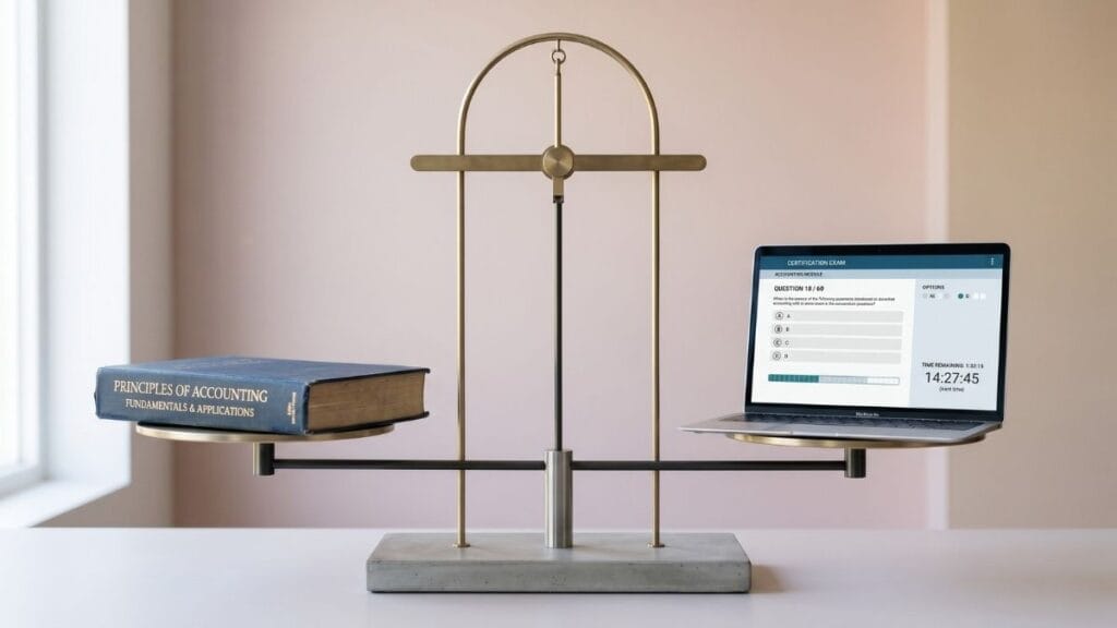Visual representation of a balanced study strategy, focusing on both conceptual knowledge and computer-based practical exam practice for the ACCA Course.