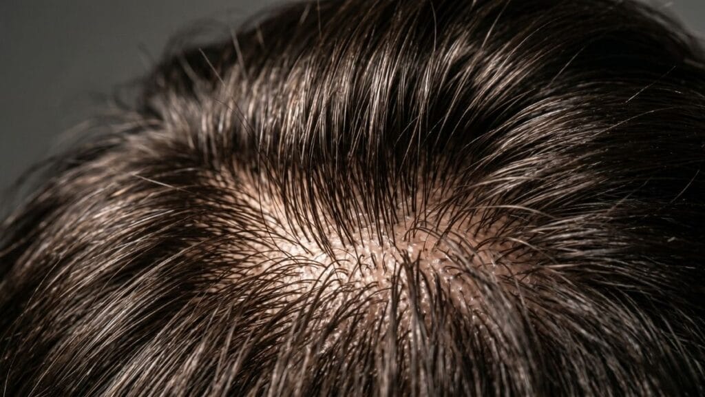 Macro close-up of thick hair density after undergoing permanent Case Study Case Study केस गळतीवर उपचार (Hair Loss Treatment).