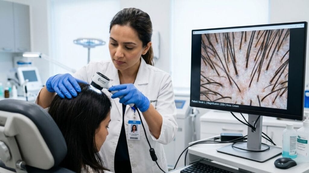 A certified trichologist using a digital trichoscope to analyze a patient's scalp before starting Case Study Case Study केस गळतीवर उपचार (Hair Loss Treatment).