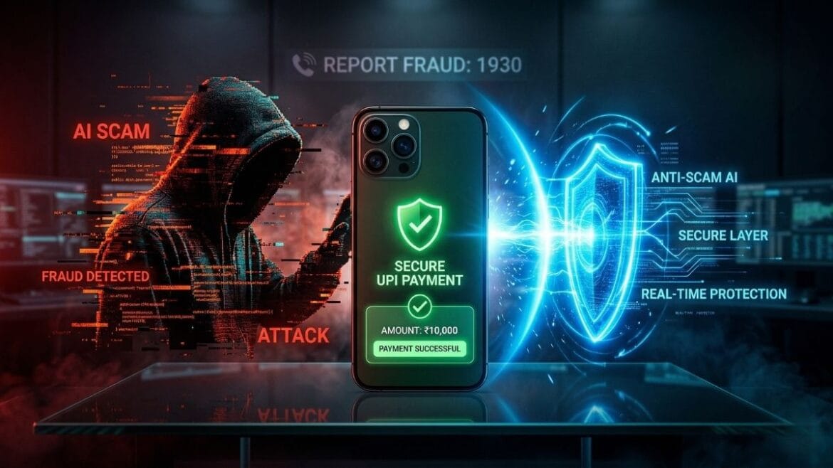 युपीआय फसवणूक उपाय आणि एआय व्हॉईस क्लोनिंगपासून संरक्षणाचे ५ प्रभावी मार्ग दर्शवणारे डिजिटल कवच.