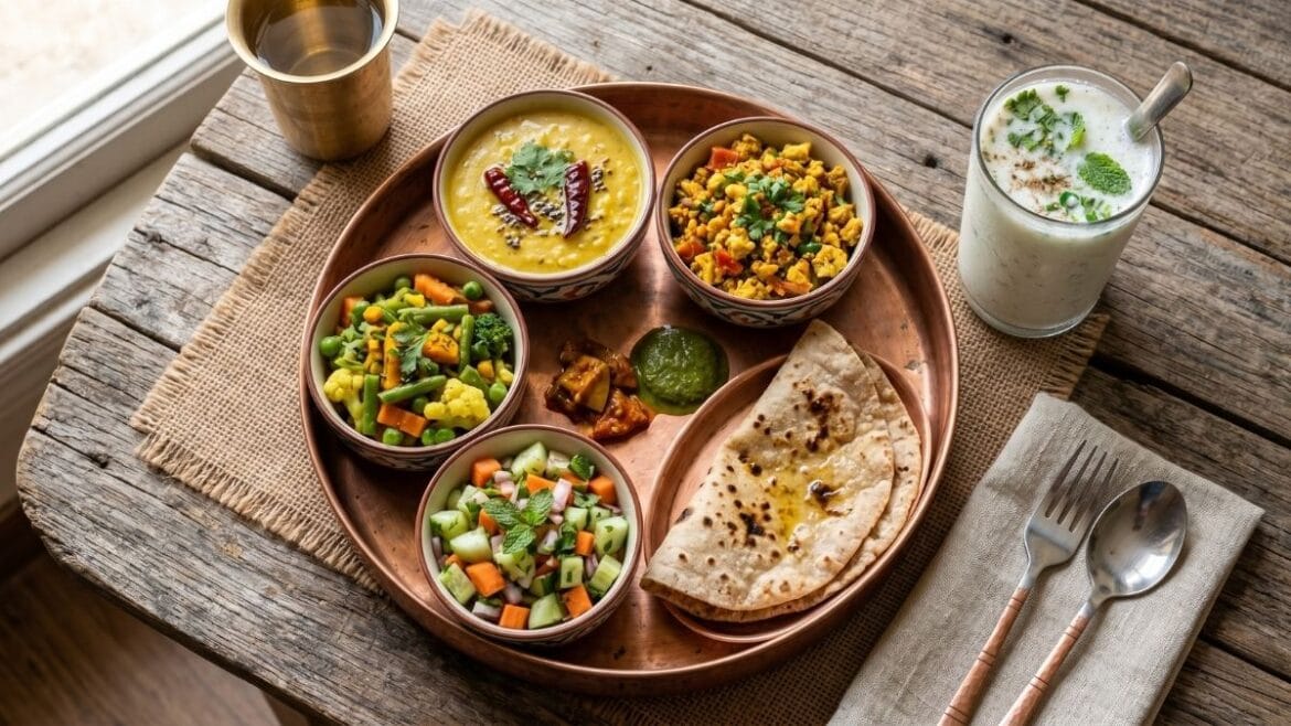 वजन कमी करण्यासाठी आहार तक्ता(Diet Chart for Weight Loss): ताजी फळे, भाज्या आणि कडधान्यांनी भरलेले संतुलित भारतीय ताट.