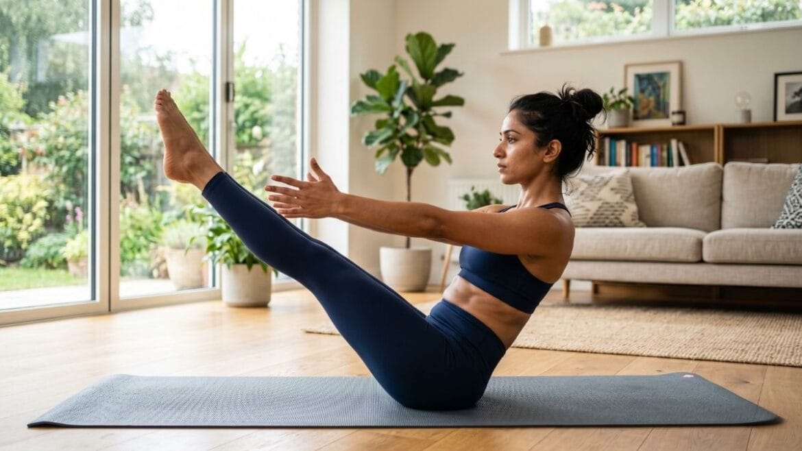 पोटाची चरबी कमी करण्यासाठी योगासन (Yoga to Lose Belly Fat) - नौकासन करताना महिला.