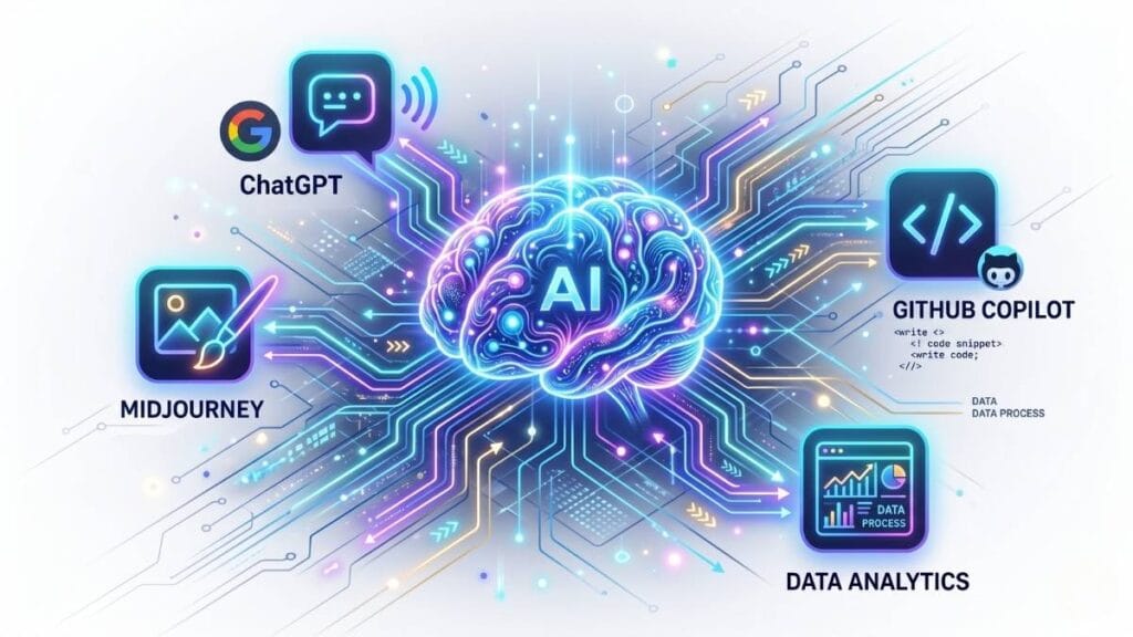 सर्वोत्तम एआय स्किल्स (AI Skills) पैकी एक असलेले तांत्रिक एआय वर्कफ्लो ऑटोमेशन आणि प्रॉम्प्ट इंजिनिअरिंगचे दृश्य रूप.
