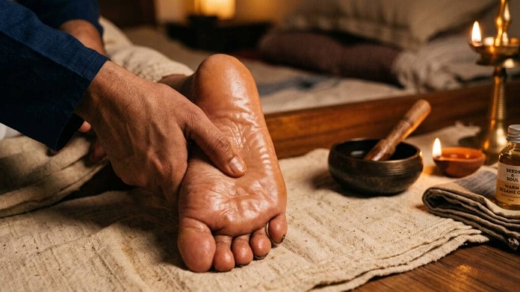 गाढ झोप येण्यासाठी उपाय (Deep Sleep): रात्री शांत झोप लागण्यासाठी कोमट तेलाने केलेले पादाभ्यंग (फूट मसाज).