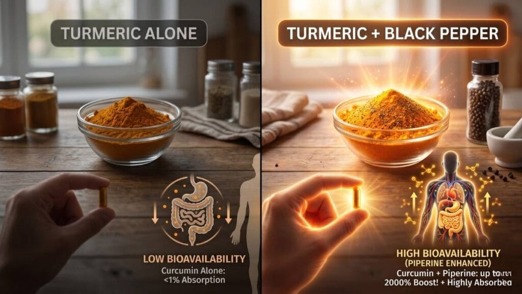Infographic showing 2000% bioavailability increase when turmeric is paired with black pepper.