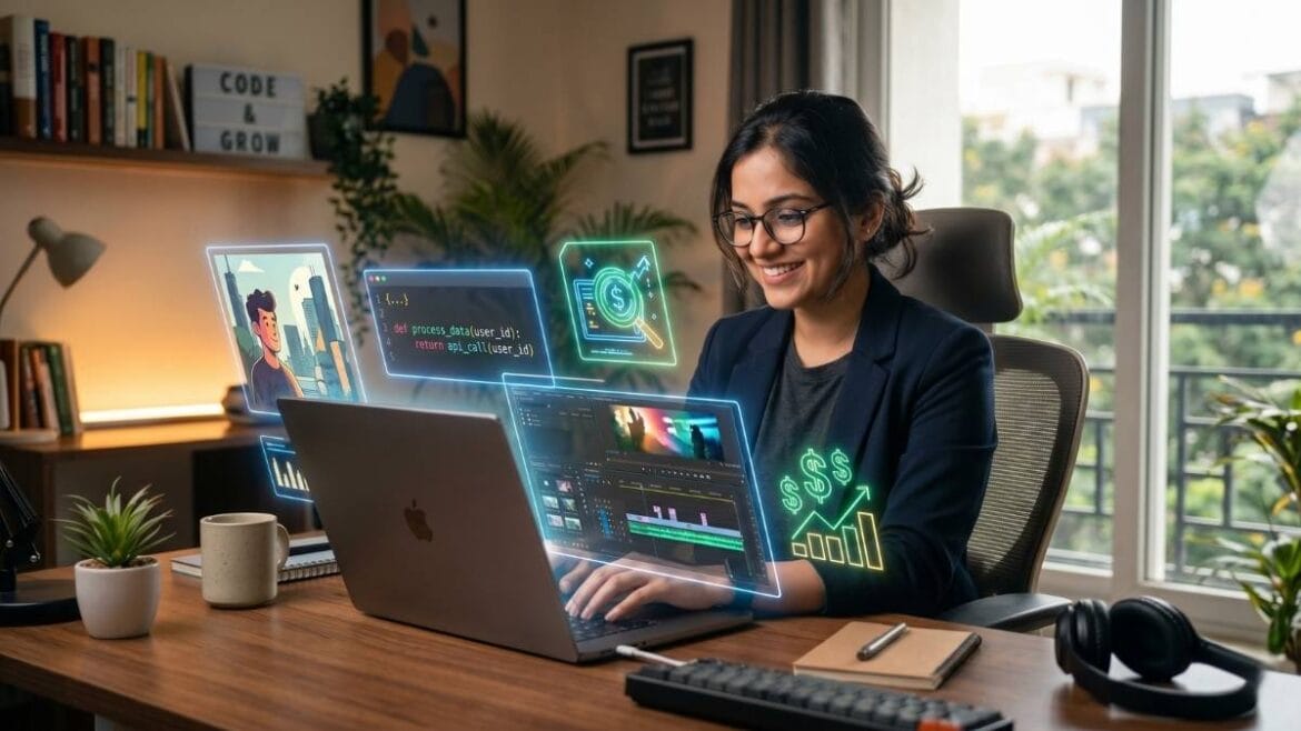 घरबसल्या लॅपटॉपवर काम करून सर्वोत्तम एआय स्किल्स (AI Skills) द्वारे ऑनलाईन कमाई करणारा भारतीय फ्रीलान्सर.