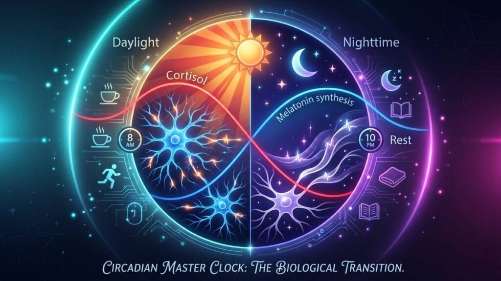 गाढ झोप येण्यासाठी उपाय (Deep Sleep): मेलाटोनिन आणि कॉर्टिसॉल या संप्रेरकांचे जैविक संतुलन दाखवणारा आराखडा.