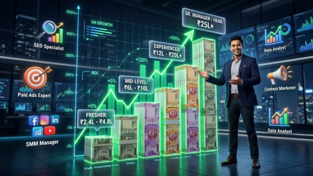 भारतातील मेट्रो शहरांमधील डिजिटल मार्केटिंग क्षेत्रात करिअर (Career in Digital Marketing) फ्रेशर्स आणि अनुभवी तज्ज्ञांचा पगार दर्शवणारा तक्ता.