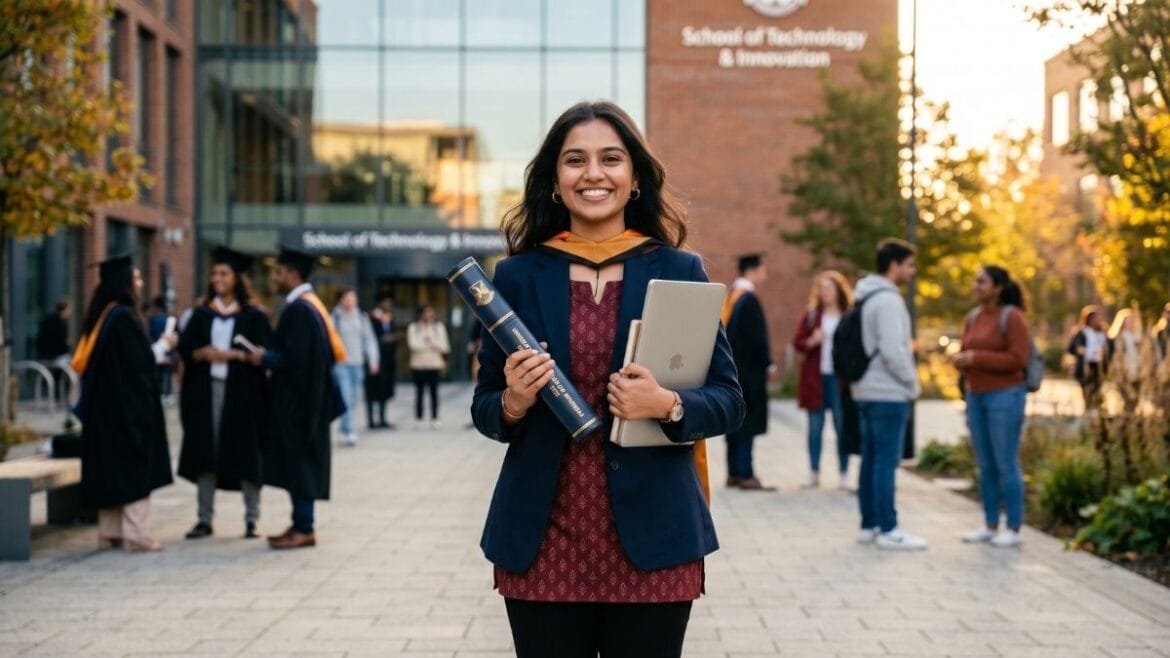 उच्च शिक्षणासाठी मुलींसाठी शैक्षणिक कर्ज (Education loan for girls) घेऊन प्रगती करणारी भारतीय विद्यार्थिनी.