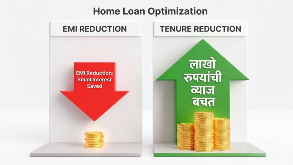 गृहकर्ज प्रीपेमेंट (Home Loan Prepayment) कॅल्क्युलेटर: हप्ता कमी करणे विरुद्ध कालावधी कमी करणे तुलना व्हिज्युअलायझेशन.