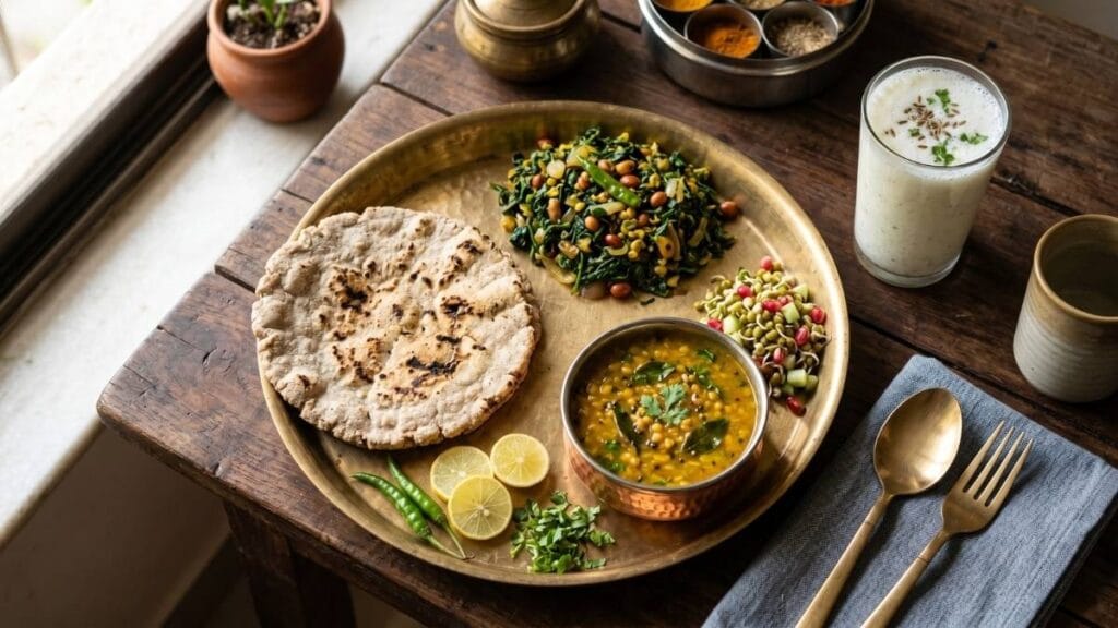 फॅटी लिव्हर आहार तक्ता (Fatty Liver Diet Chart) नुसार यकृत अनुकूल मऊ ज्वारीची भाकरी आणि मोड आलेल्या मुगाचे जेवणाचे ताट.