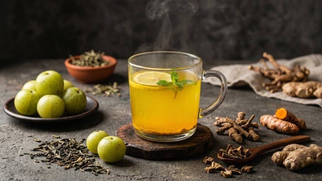 फॅटी लिव्हर आहार तक्ता (Fatty Liver Diet Chart) मधील हळद-लिंबू डिटॉक्स ड्रिंक आणि आयुर्वेदिक भुईआवळा वनस्पती.