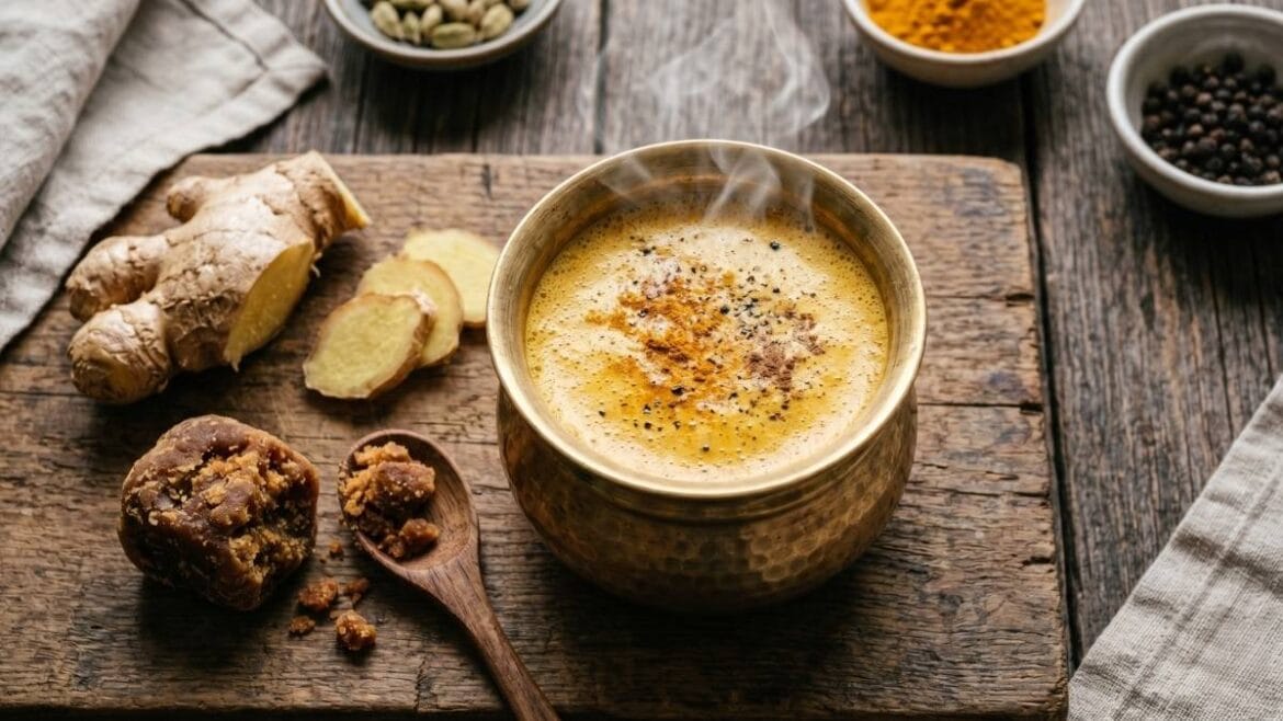 Home remedies for irregular periods featuring turmeric and ginger in a traditional Indian kitchen.