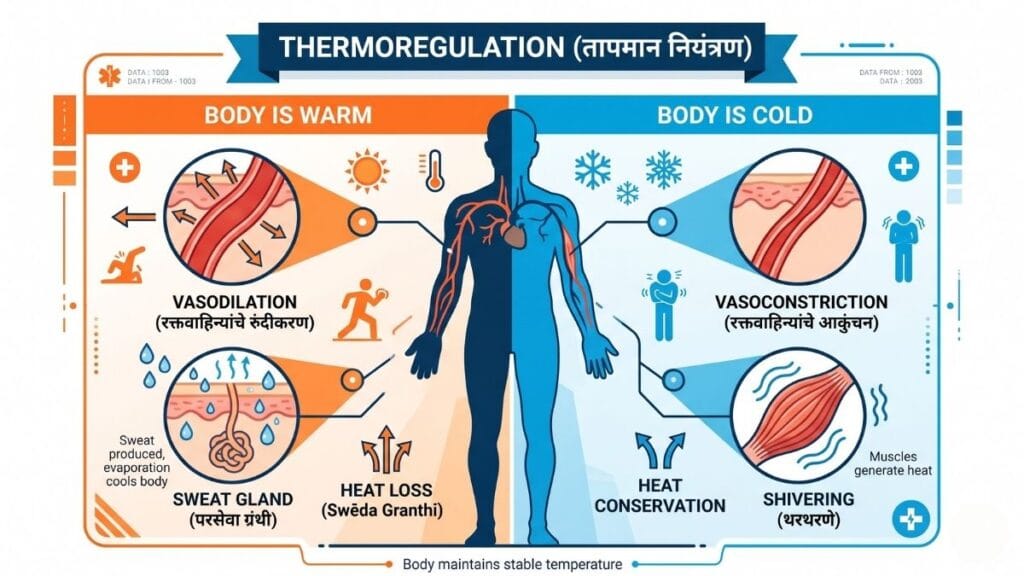 उन्हाळ्यातील उष्णता कमी करण्याचे उपाय आणि शरीराची थर्मोरग्युलेशन यंत्रणा स्पष्ट करणारा तक्ता