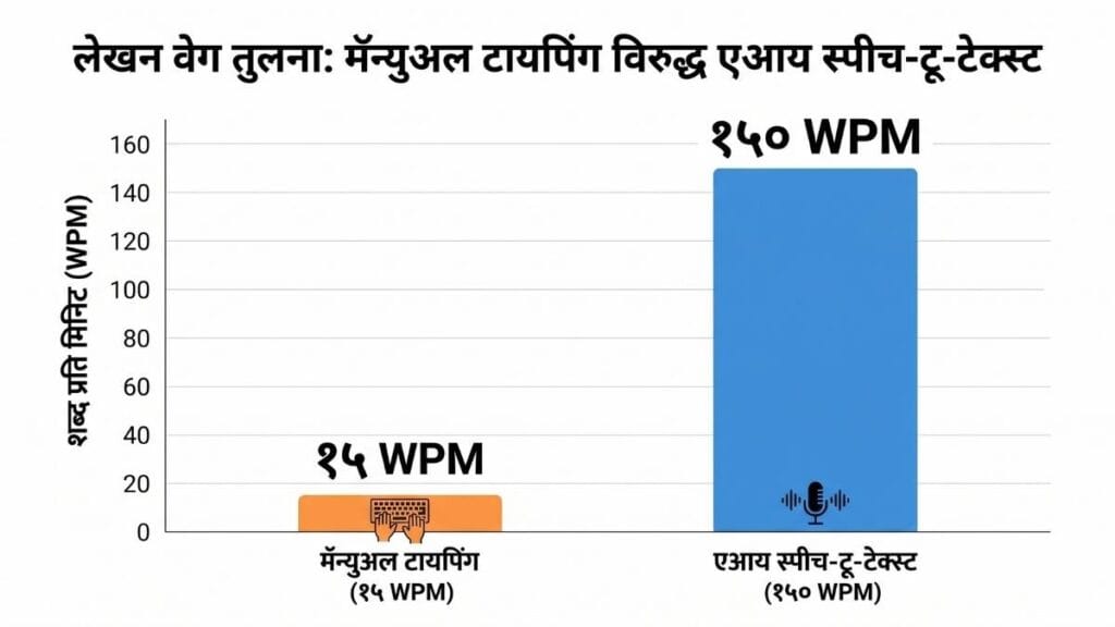 मॅन्युअल मराठी टायपिंग (15 WPM) विरुद्ध AI ट्रान्स्क्रिप्शन (150 WPM) वेगाची तुलना.