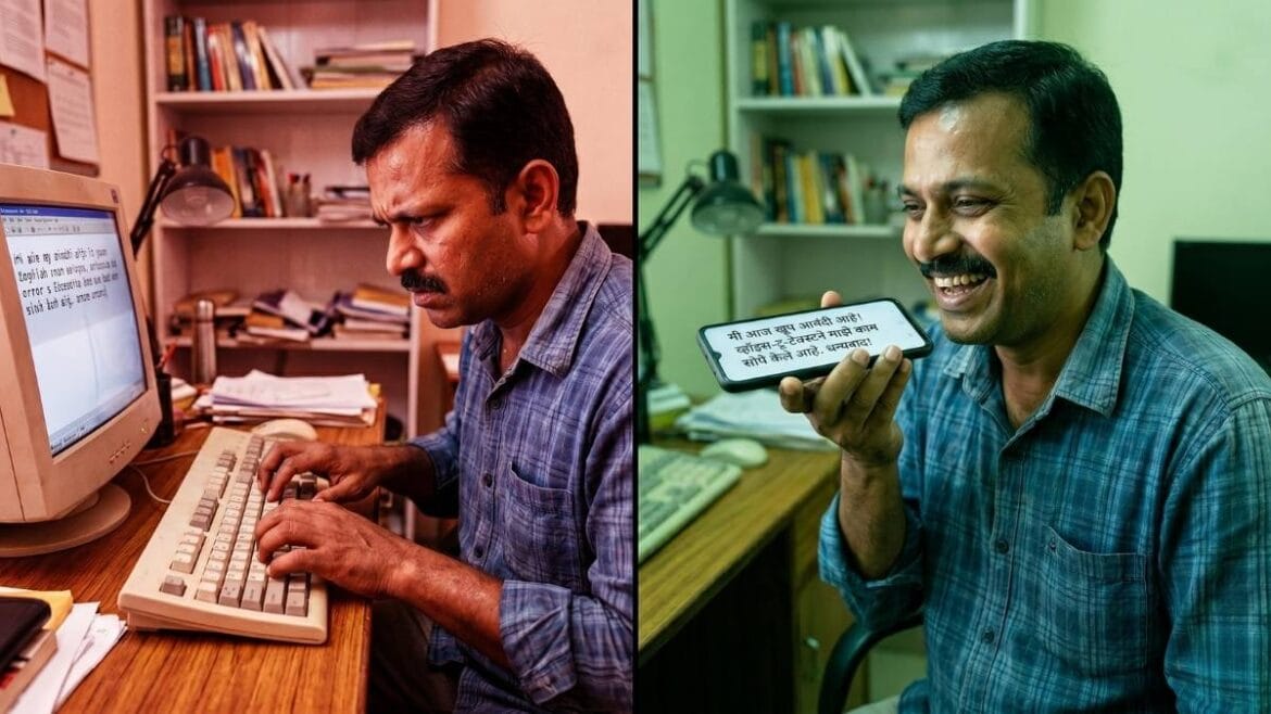 मॅन्युअल टायपिंगचा त्रास सोडून मराठी व्हॉइस टायपिंग (Marathi speech to text) वापरणारा भारतीय कंटेंट क्रिएटर.