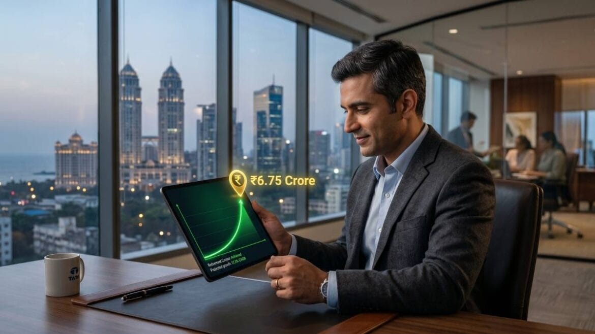 मुलांच्या शिक्षणासाठी कोटींचा फंड: A professional Indian father in a modern metropolitan office analyzing an accelerating growth chart targeting a 6.75 crore corpus for child future planning.
