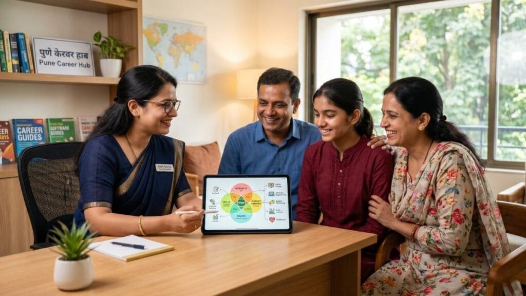 करिअर निवडताना पालकांच्या चुका (Career Guidance) टाळण्यासाठी वैज्ञानिक सायकोमेट्रिक चाचणी घेताना कुटुंब.