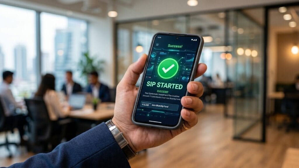मोबाईल ॲपद्वारे म्युच्युअल फंड एसआयपी गुंतवणूक (Mutual Fund SIP Investment) सुरू करण्याची डिजिटल प्रक्रिया.