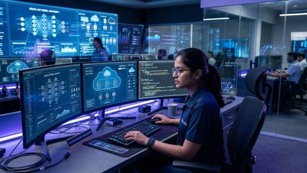 आयटी क्षेत्रातील एआय, मशीन लर्निंग आणि क्लाउड कम्प्युटिंग यांसारखे सर्व्वात जास्त पगार देणारे स्किल्स (Highest paying skills) आत्मसात करणारी महिला व्यावसायिक.
