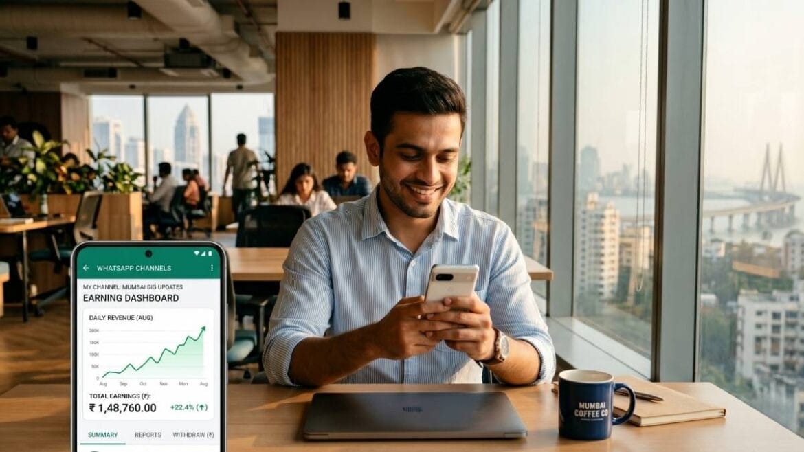 व्हॉट्सअ‍ॅप चॅनलवरून पैसे कमवा (Online Earning) संकल्पनेचे प्रात्यक्षिक दाखवणारे चित्र.