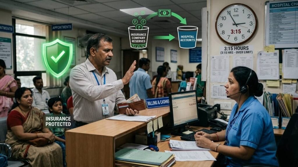 आरोग्य विमा ३ तास कॅशलेस डिस्चार्ज नियम अंतर्गत ३ तासांपेक्षा जास्त विलंब झाल्यास रुग्णालयाचे अतिरिक्त खोली भाडे विमा कंपनीने स्वतः भरल्याचे दर्शवणारी इमेज.