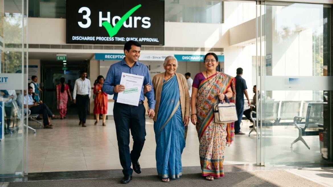 आरोग्य विमा ३ तास कॅशलेस डिस्चार्ज नियम २०२६ नुसार ३ तासात क्लेम मंजूर झाल्यामुळे आनंदाने रुग्णालयातून बाहेर पडणारे मराठी कुटुंब.