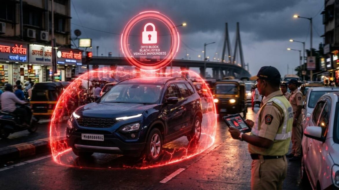 नवीन ई-चलान नियम २०२६ मुळे वाहन पोर्टलवर ब्लैकलिस्ट आणि ब्लॉक झालेली कार; एक नाट्यमय दृश्य.