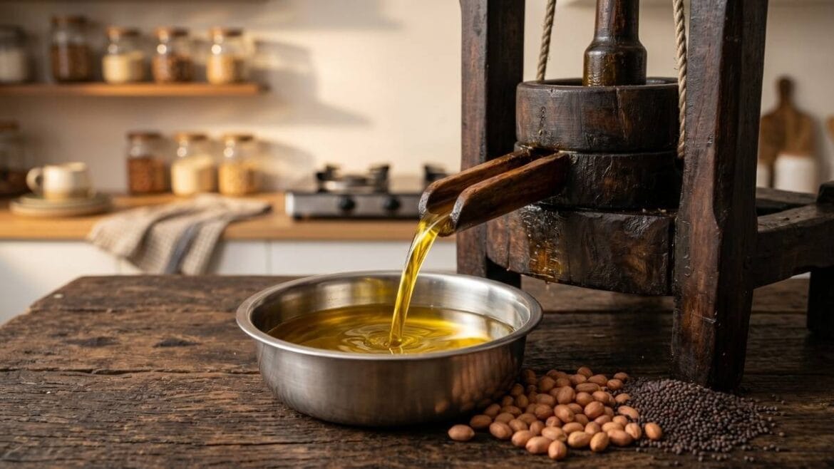 स्वयंपाकासाठी सर्वोत्तम तेल (best oil for cooking) निवडताना वापरले जाणारे शुद्ध लाकडी घाण्याचे तेल.