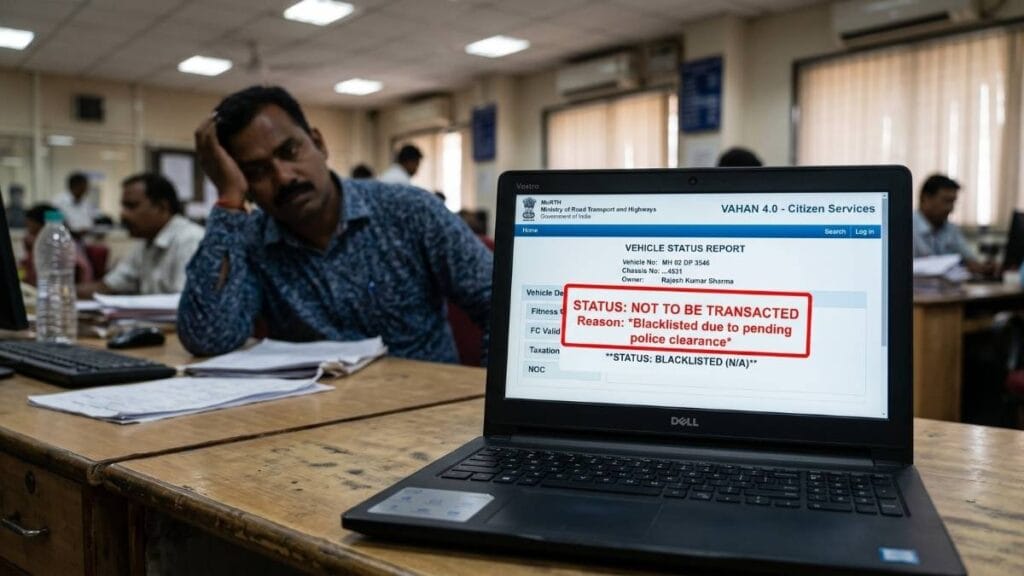 नवीन ई-चलान नियम २०२६ मुळे वाहन पोर्टलवर दिसणारा 'Not to be Transacted' व्यवहार बंदीचा स्टेटस.